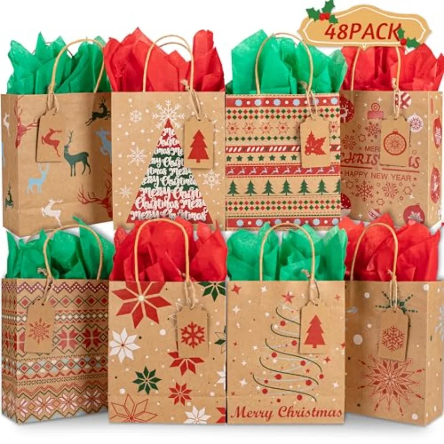 

48 Christmas Gift Bags 7" x 8.65" x 3.15", Kraft Holiday Wrapping with Tissue Papers, 48 Gift Tags for Xmas Exchange, Party Fav