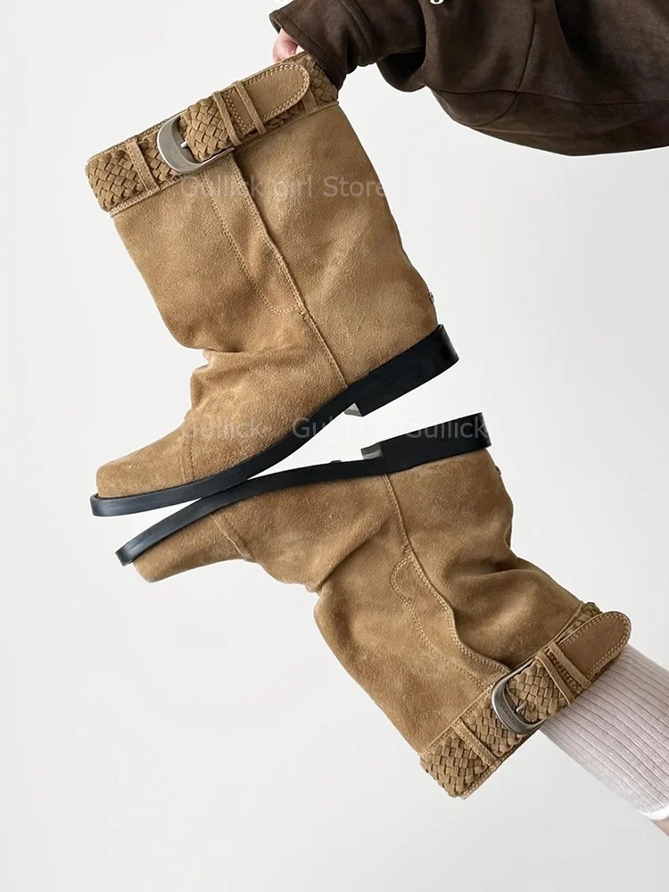 Suede Brown Buckle Strap Ankle Booties Round Toe Flat With 2026 Khaki New Arrivals Winter Autumn Women Dress Shoes Handmade