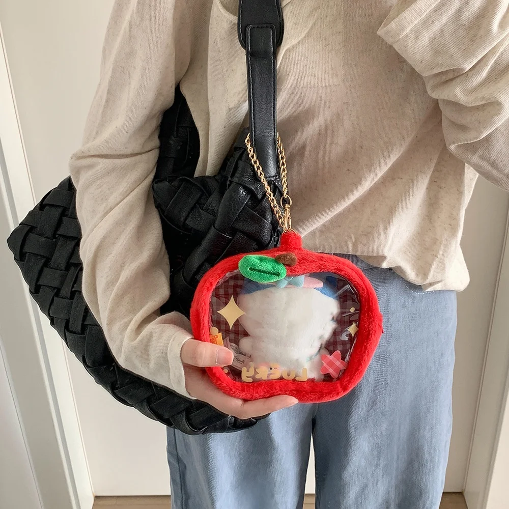 Cartoon Star Apple Plush Storage Bag Pendant Cute Coin Purse Pouch Keychain Wallet Transparent Clear Mini Storage Organizer Bag