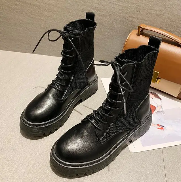 Botines de tacón grueso para mujer, botas de moto con plataforma, sin cordones, punta redonda, a la moda, Otoño, 2020