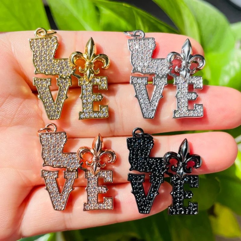 5pcs Micro Pave Fleur De Lis LOVE Louisiana Inspired Word Charm Pendant for Women Bracelet Girl Necklace Making Jewelry Finding