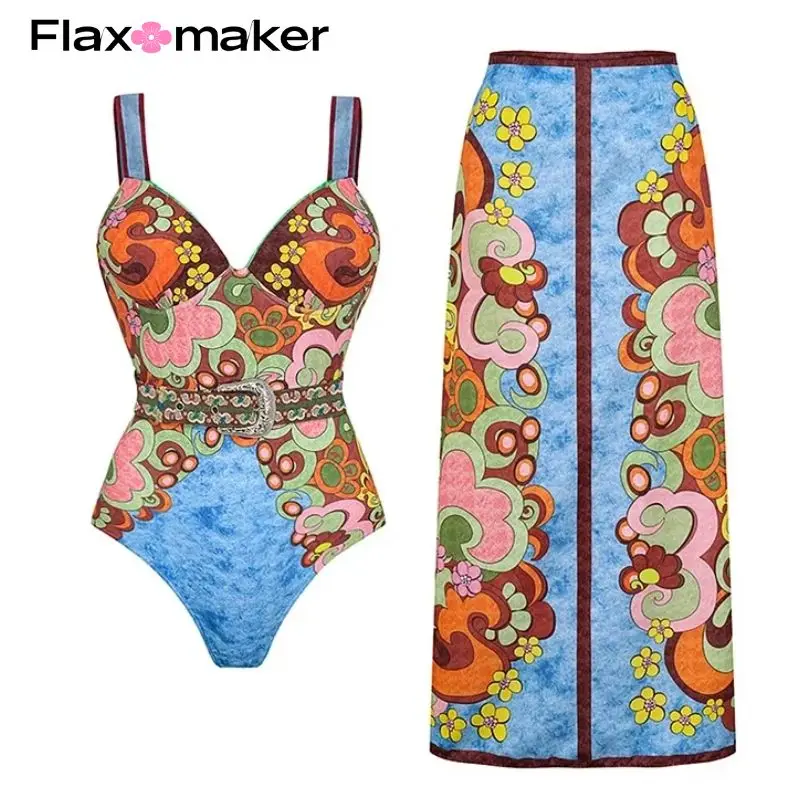 

FLAXMAKER Blue Sling Color Block Printed One Piece Swimsuit Set Swimwear Bathing Suit Bikini Monokini Beach dress Women's 2PC