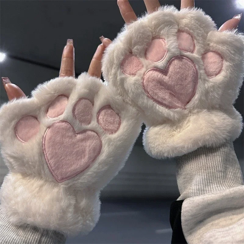 

Lovely Plush Cat Claw Paw Gloves Plush Mittens Warm Soft Plush Short Fingerless Fluffy Bear Gloves Costume Half Finger Gloves