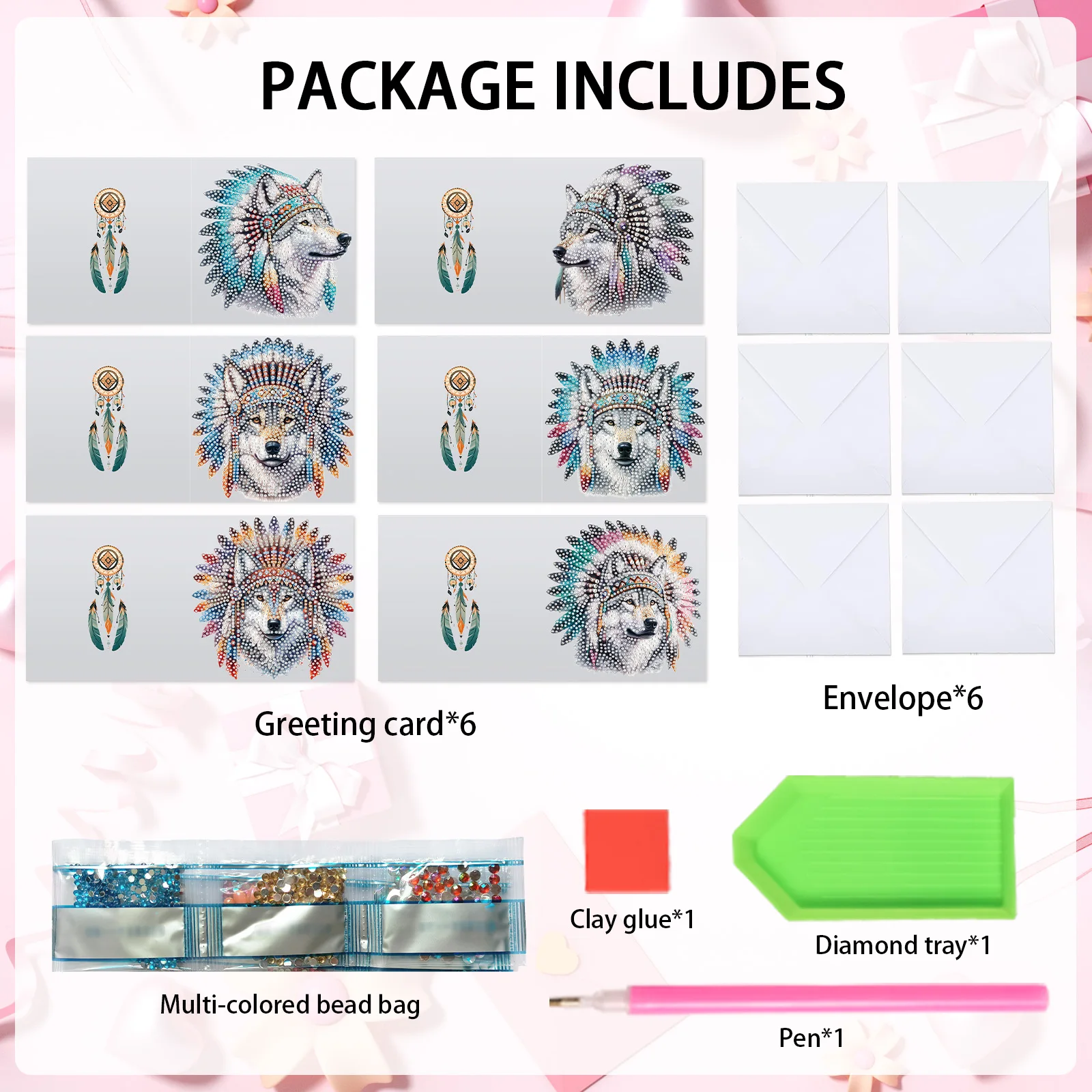 6Pcs Diamond Art Painting Greeting Card Kits,DIY Wolf Heads Handmade Festival Greeting Diamond Birthday Creative Cards Gifts - view 3