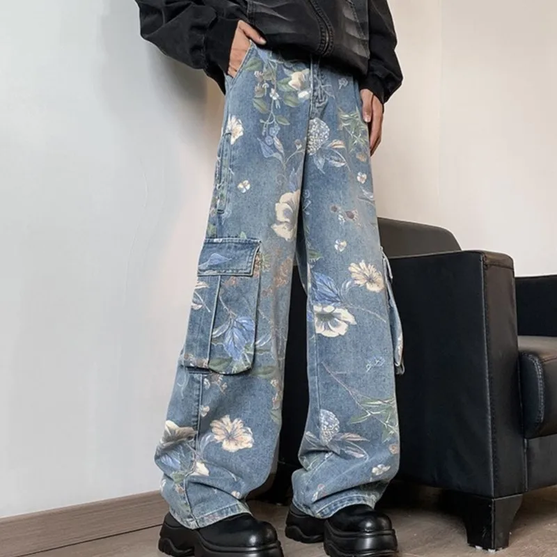 Korean Style Denim Cargo Pants Mens Fashion Floral Printed Jeans 2024 Autumn Loose Casual Trousers Hip Hop Wide-leg Jean Pants