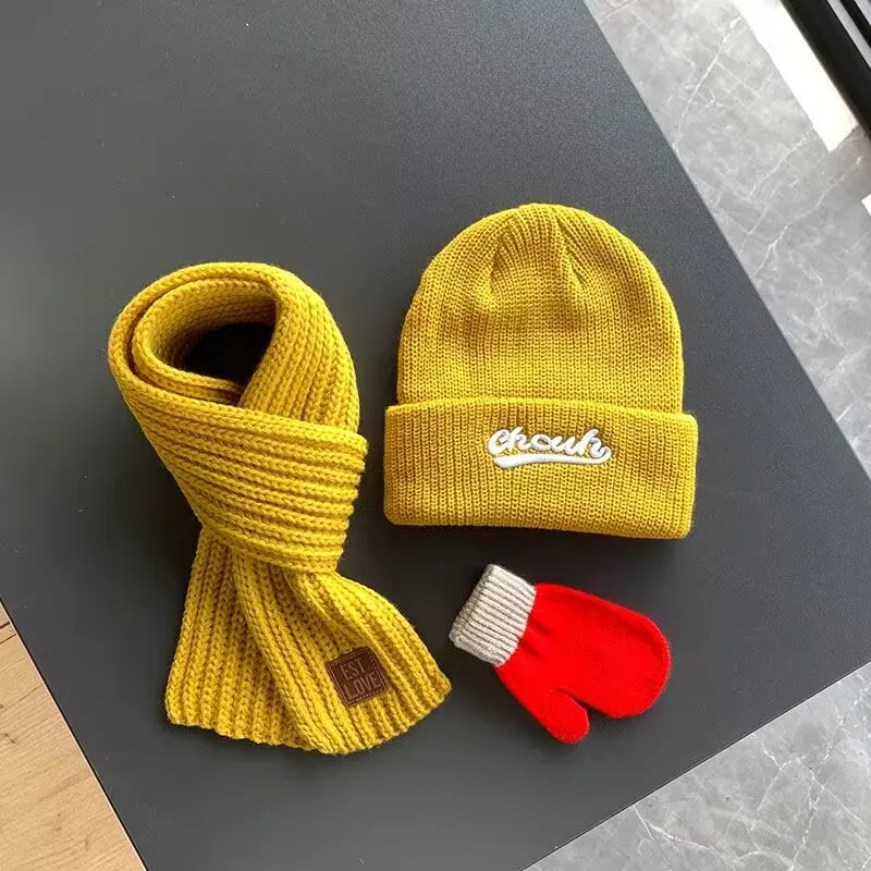 Baby hat Autumn and winter children's warm hat scarf gloves three-piece boys and girls knitted ear protection woolen hat new