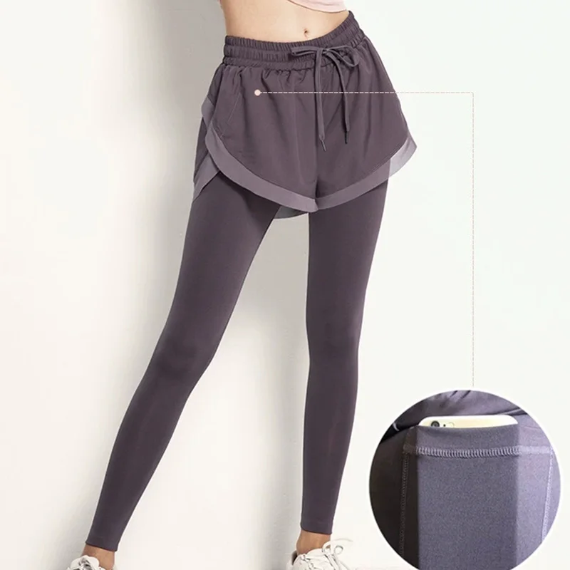 Sporty Faux Two Pieces Yoga Pants Women Spring Autumn Elastic High Waist Leggings for Woman High Spandex Yoga Pants Lady