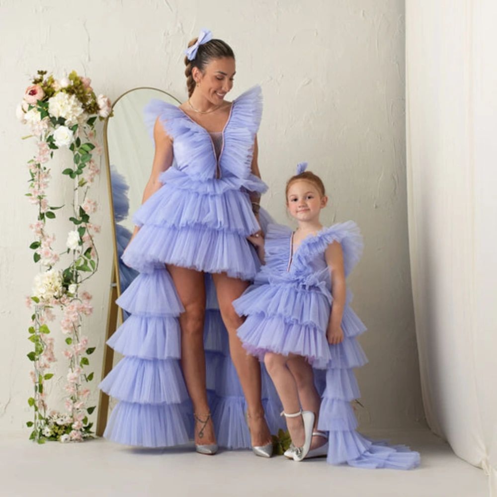 

Newest Ruched Soft Ruffles High-Low Mum and Me Dress for Photoshoot Tiered Lavender Tulle Dresses for Birthday or Party Robes