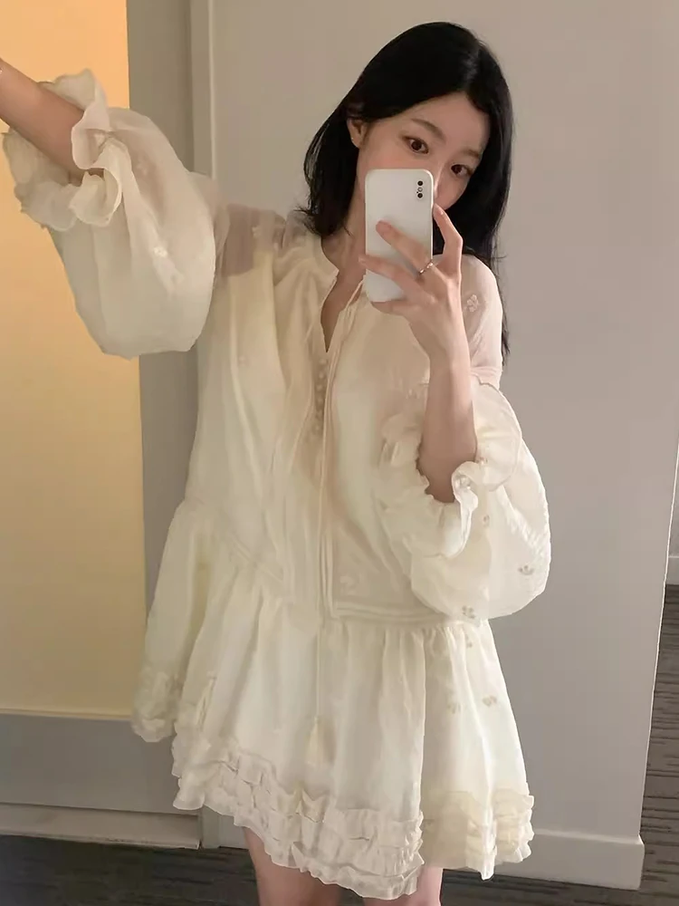 

Summer Sweet Embroidery A-line Dresses 2025 New Fungus Patchwork Dress for Women Y2k Flare Sleeve Loose Vestido Feminino