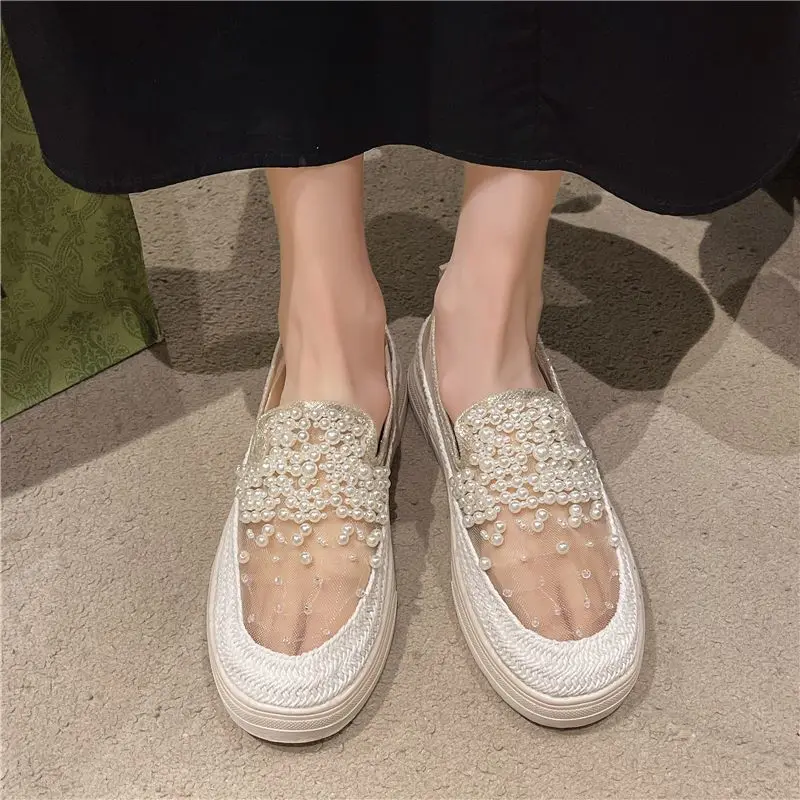Women's Thick Soled Loafers 2025 Spring Summer Mesh Ventilated Style with Crystal Embellished Slip on Shoes Fashion Footwear
