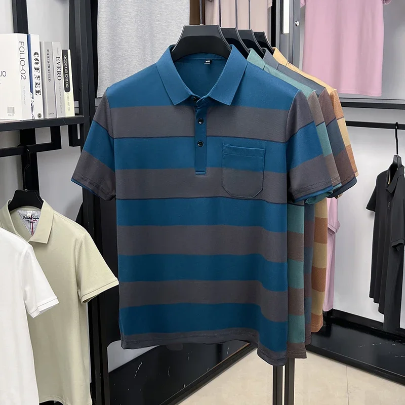 Sweat resistant thick horizontal striped polo short sleeve tee for men lapel elastic mesh chest pocket commuting walking apparel