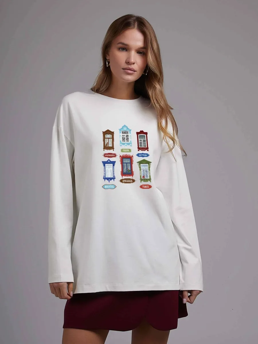 Women Casual Long Sleeve T Shirt 100% Cotton Cute Vintage House Window Art Front Graphic Print Basic Daily Commute Wear Top
