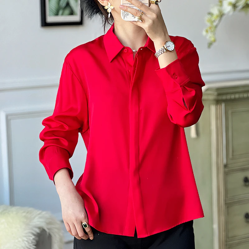 

19 Momme Real Silk Women's Red Shirt Spring Autumn Elegant Shirts Blouses For Women Long Sleeve Tops Office Lady Solid Blouse