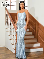 Missord Blue Print paillettes Party Dress eleganti donne Spaghetti Strap Open Back Bodycon Prom abiti da sera