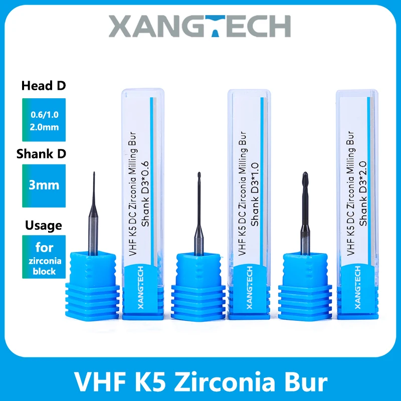 VHF K5 DC Zirconia Milling Cutters Burs Head Diameter 0.6/1.0/2.0mm for Cad/Cam Lab Tool