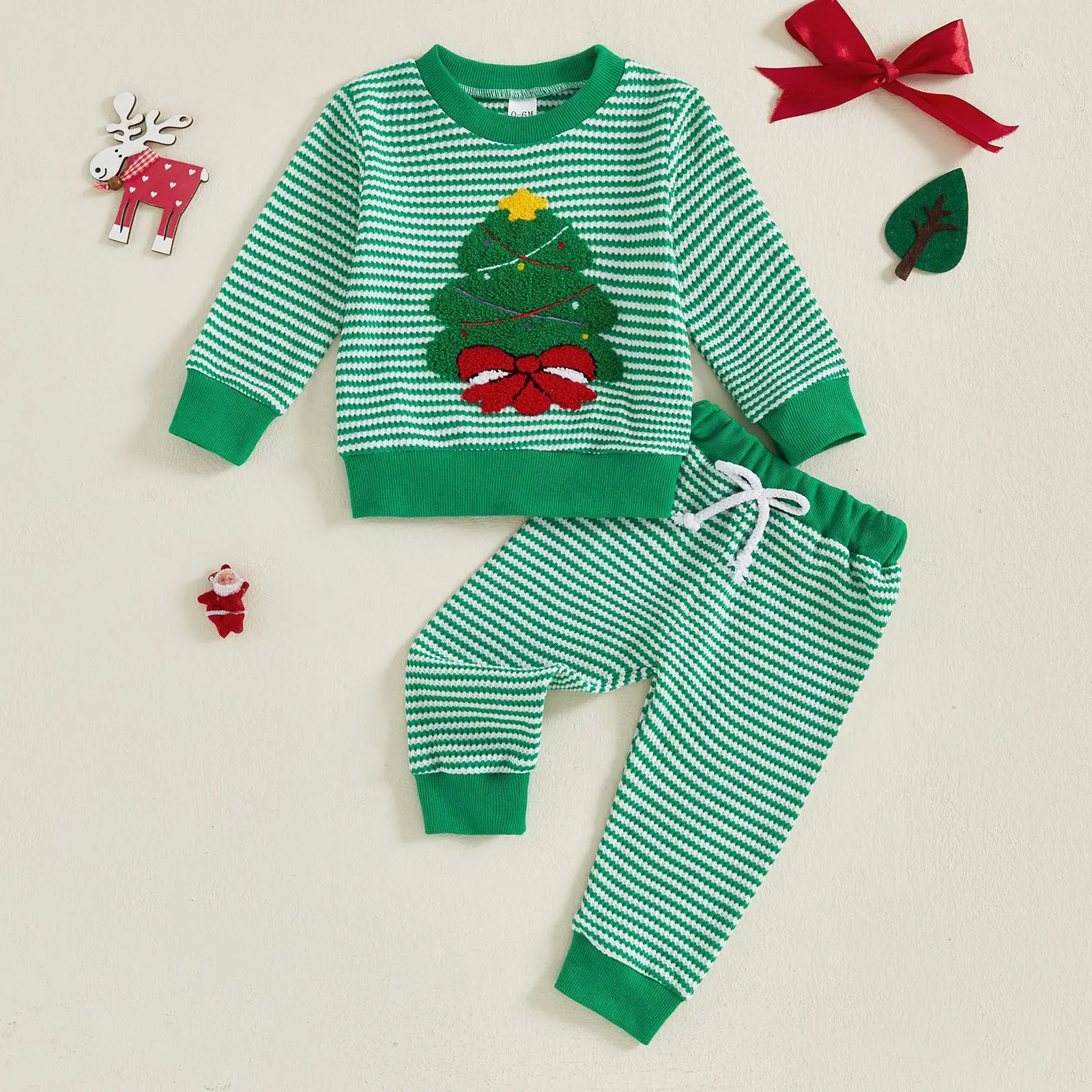 Boys New Set 2025 Christmas Christmas Tree Embroidered Waffle Striped Long Sleeve Sweater Two-piece Set
