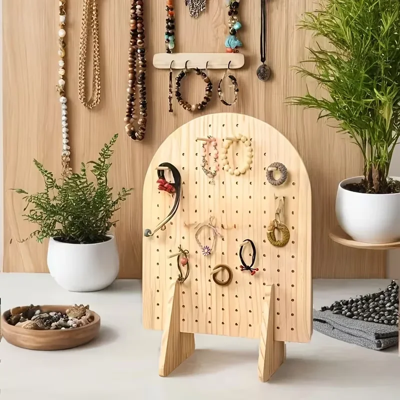 

Wooden pegboard display stand, multi-functional hanging storage box made of unfinished natural wood with 25 wooden pins