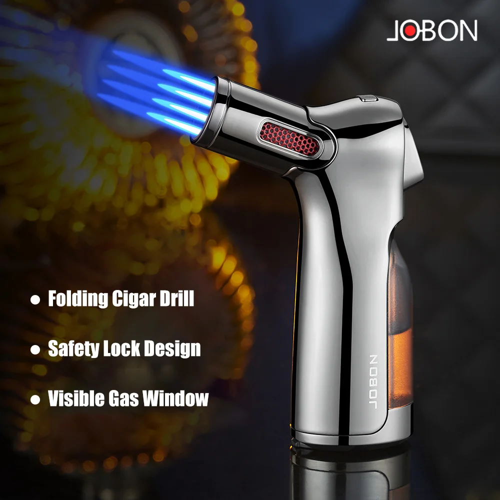 

JOBON Four Flame Cigar Lighter Bottom Cigar Rigger Design Security Latch Transparent Gas Window Strong Windproof Flame