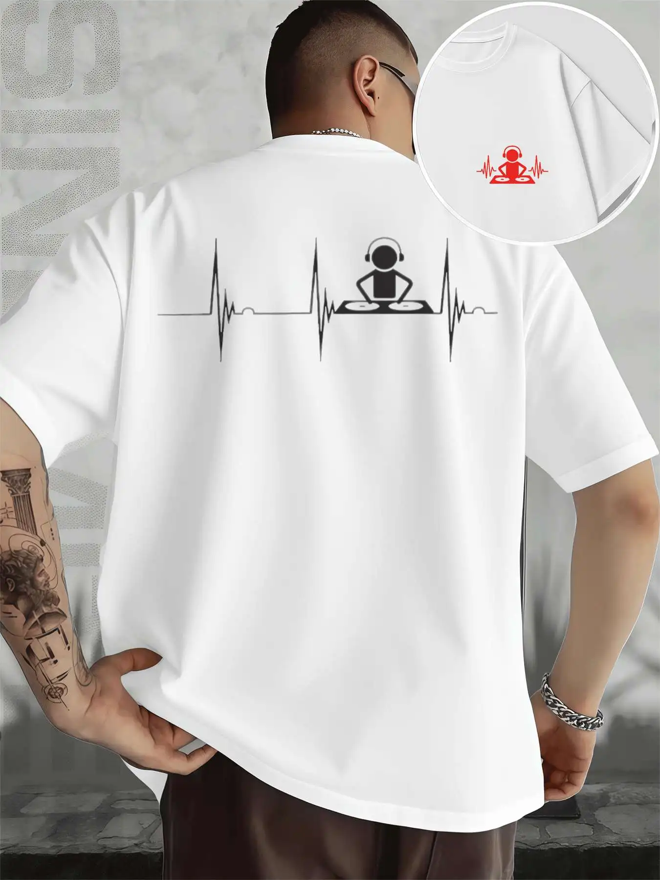 

DJ Heartbeat Graphic Tee Men's Double-Sided printed Fashionable Casual Crew Neck 220gsm Pure Cotton T-Shirt