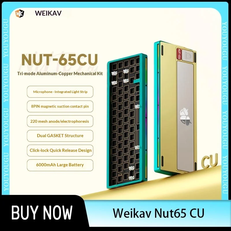 

Weikav Nut65 CU Mechanical Keyboard Kit 3mode Aluminum Alloy Gaming Keyboard Nut65CU Copper Base Shell With Sound Pickup Lamp