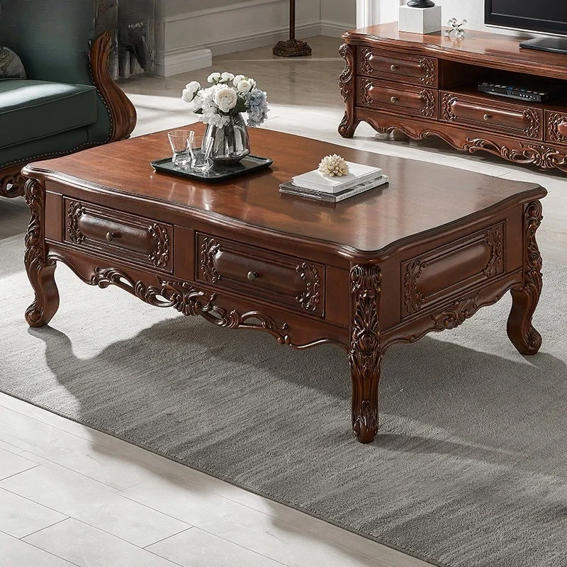 

Solid wood coffee table American living room engraved with drawers tea table rectangular tea table