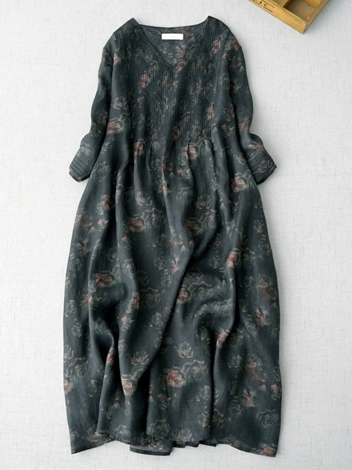 

V-Ne Printed Linen Dr A-Line Skirt Seven-Quarter Sve Long Dr Breathable Thin Summer Faion Commute Women's Dr