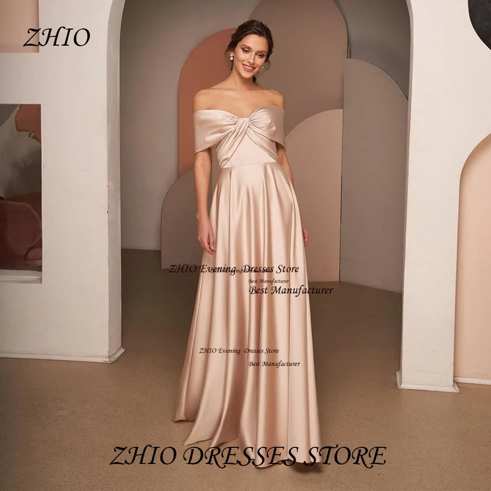 

ZHIO Champagne Satin Evening Gown Bow Strapless A Line Long Party Dress Pleats Off Shoulder Prom Gown for Women Customized