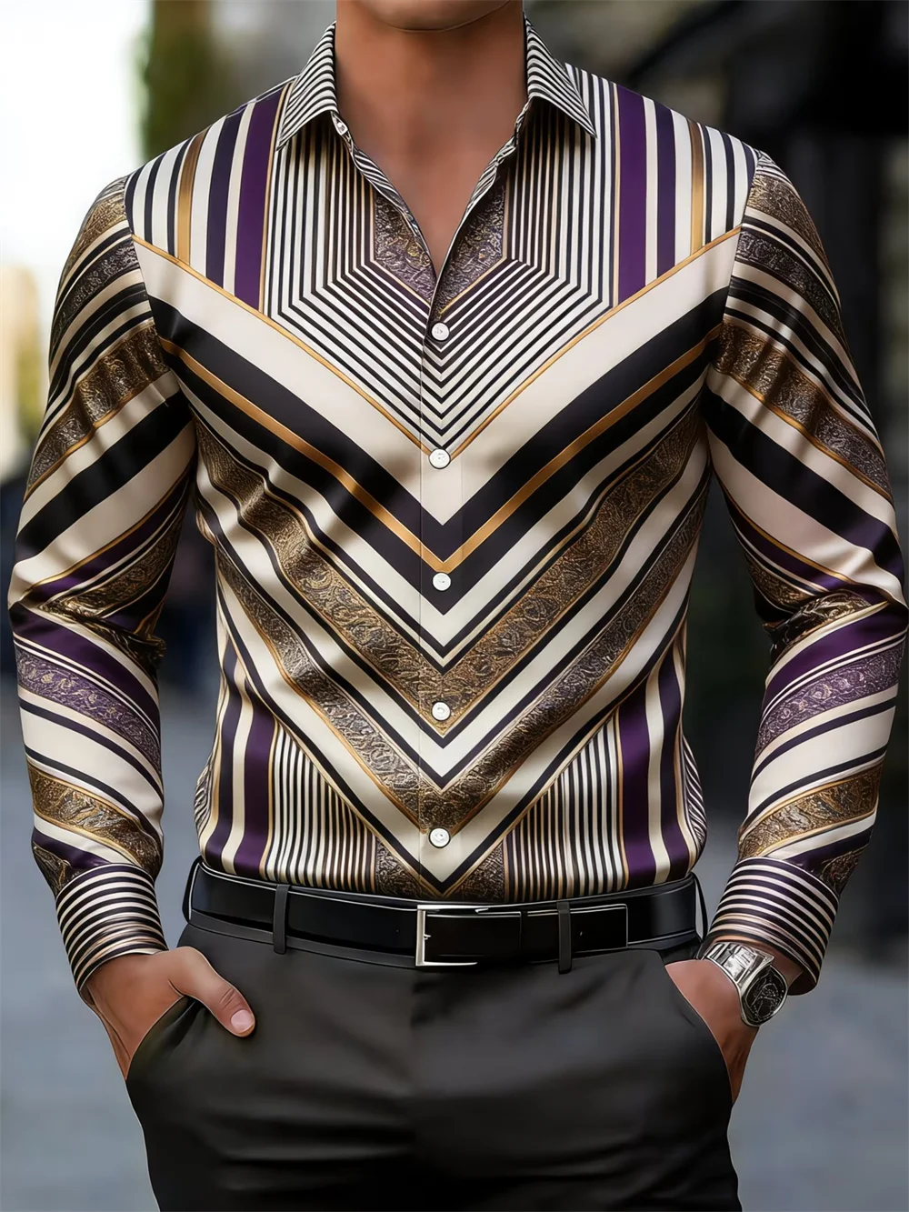 

New men's 3D ink printed long sleeved shirt with high-quality patterns, casual long sleeved collar top