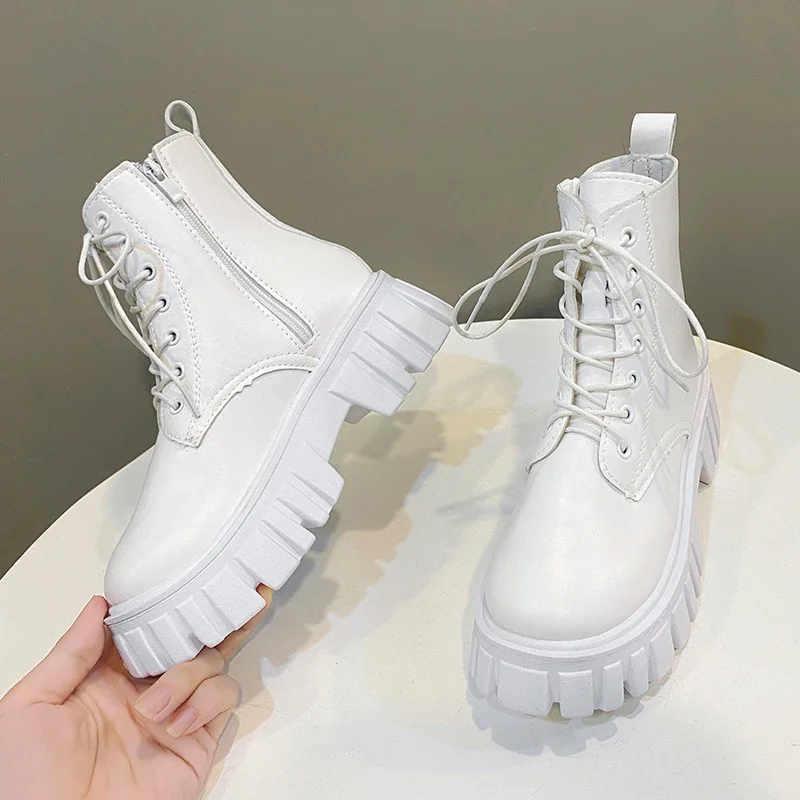 2024 White New Women Ankle Boots Autumn Winter Platform Zipper Women Punk Boots Thick Sole Lace Up Combat Booties Female Mujer