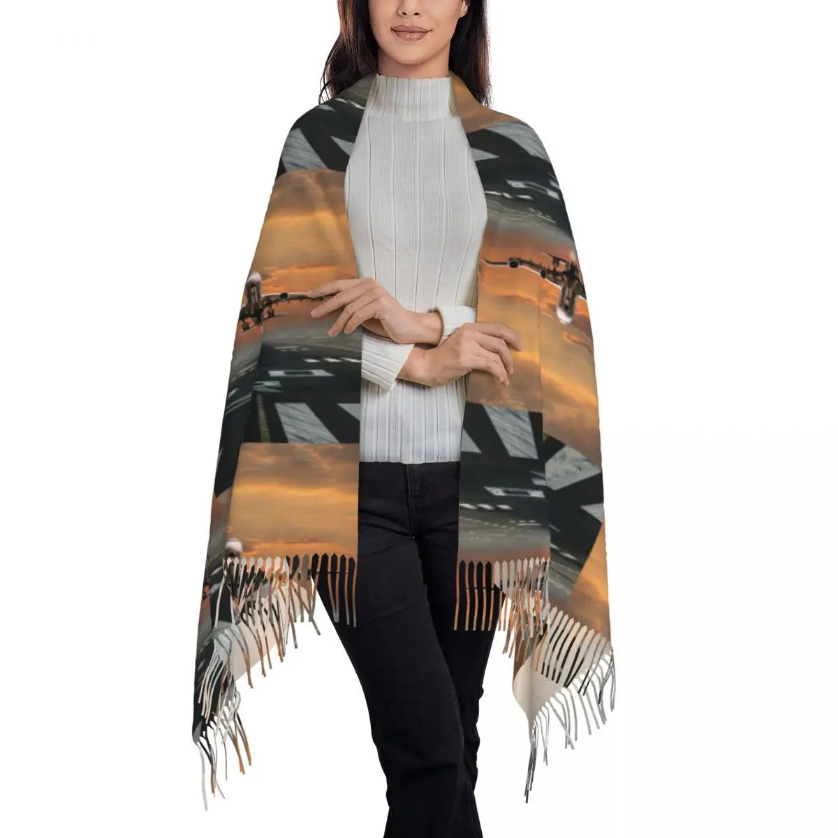 Airplane Takeoff Scarf Tassel Scarves Women Soft Warm Shawls and Wraps Long Fall Winter Shawl Wrap