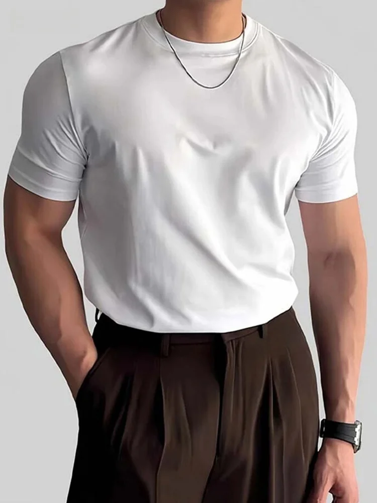 

Белая мужская футболка из ледяного шелка с коротким рукавом, летняя, для фитнеса, облегающая, спортивная, с круглым вырезом, стандартной длины