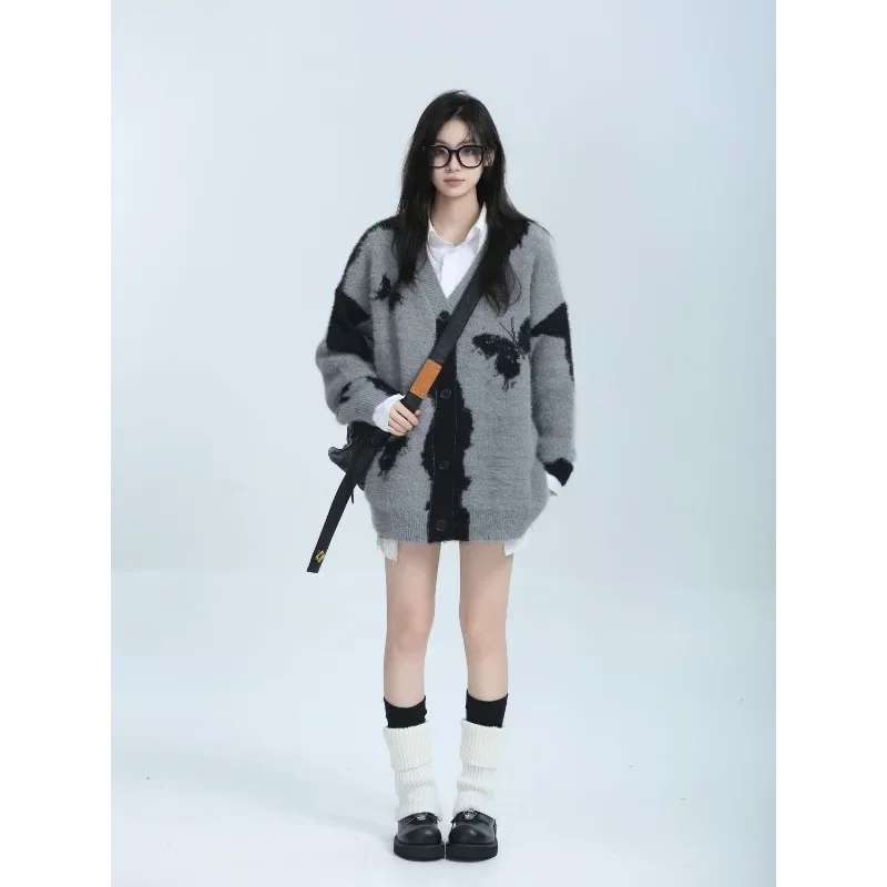 Trend Men's and Women's Spring Autumn Knit Cardigan Knitted Sweater Butterfly Couple Color Blocking Retro Jacquard Design Simple