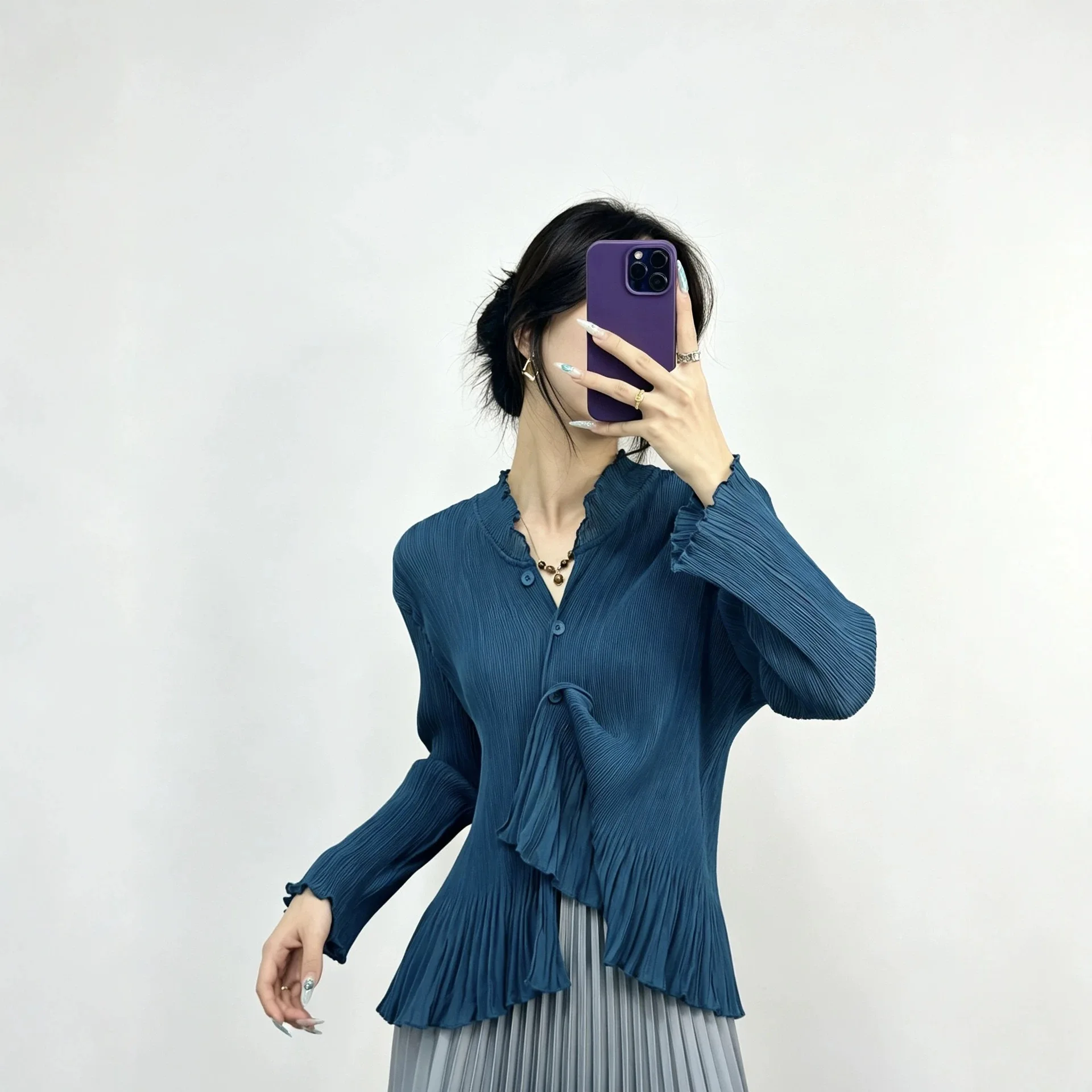 Miyake Pleated Blouse Women Ruffle V‑Neck Button Front Irregular Flared Hem Long Sleeve Wrinkle‑Resistant Casual Shirt Top