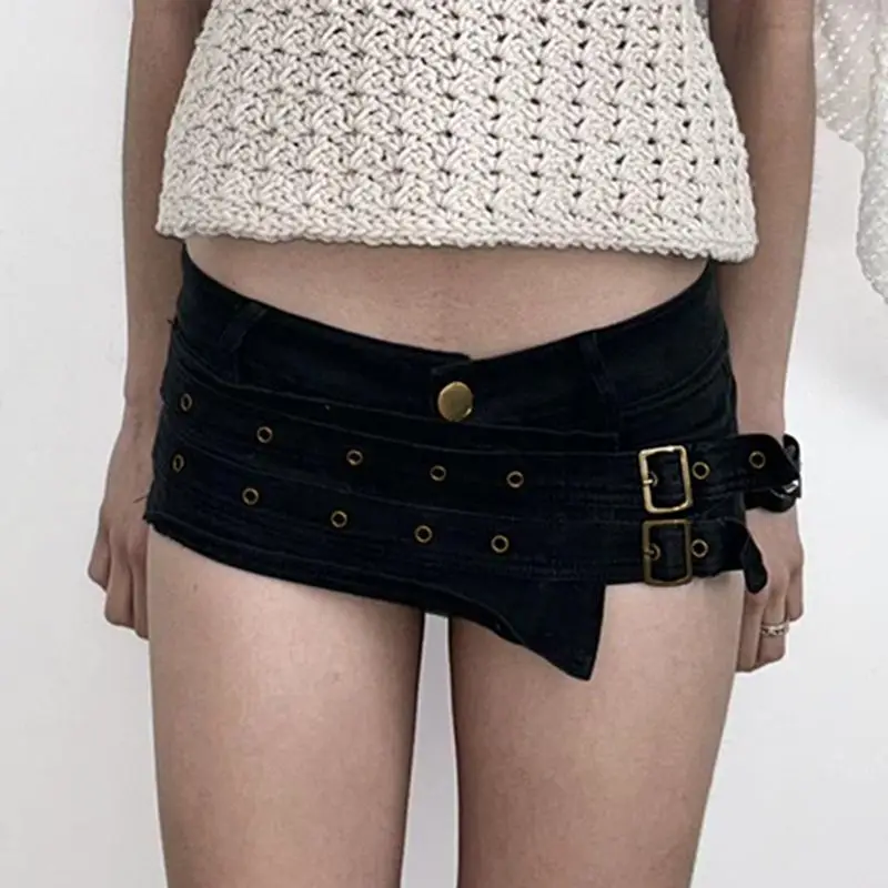 American new dark style belt design low-waisted shorts for women fashion personality trendy retro hip-hop slim shorts