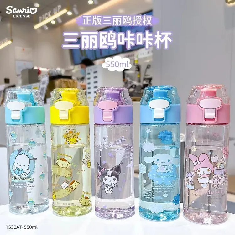 

New Sanrio Round Button Snap Suction Nozzle Plastic Cup Hello Kitty Cinnamoroll Kuromi Ortable Water Cup Clack Cup Kettle Gift