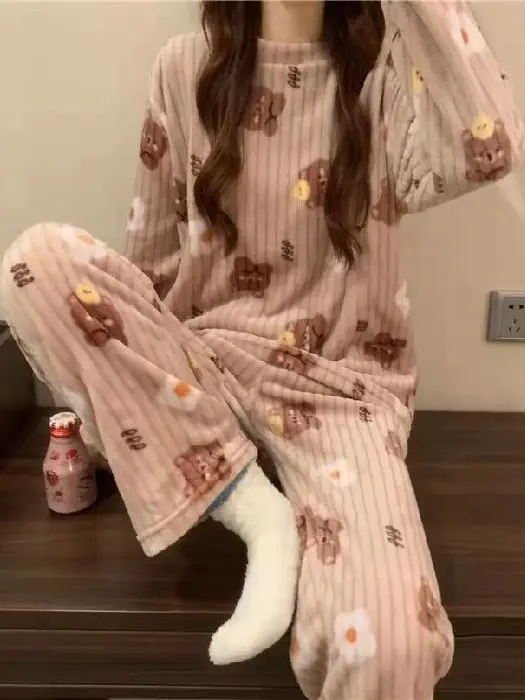 Cartoon Print Fleece Pajamas Women's Long Sleeve Long Pants Set Cute Sweet Home Clothes Coral Velvet Warmth for Autumn Winter