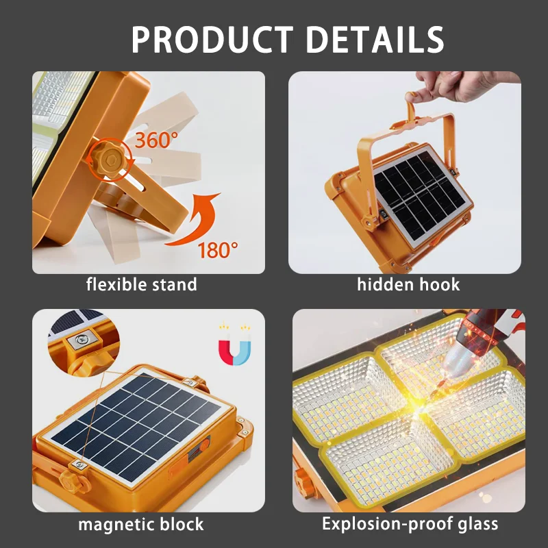 Rechargeable Strong Camping Light Portable LED Hiking Hook Tent Lamp Outdoor Powerful Solar Spotlight Maintenance Work Light