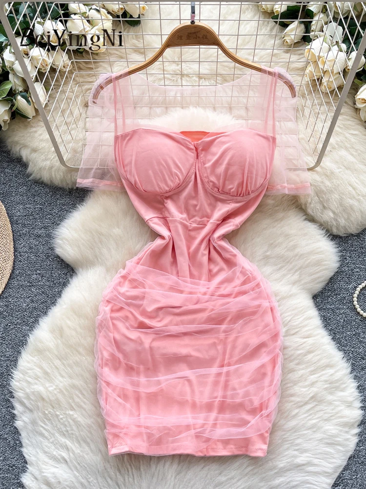 Beiyingni Mesh Patchwork Women Bodycon Mini Dresses Sexy Club French Slim Fit Pink Short Dress Female Ruched Pack Hip Vestidos