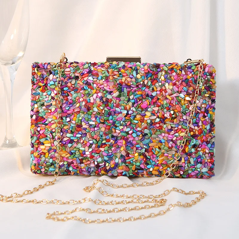 Alta qualidade carteira de pedra colorida para mulheres, sacos de noite festa de casamento, cadeia banquete saco, telefone crossbody, designers de luxo, 2024