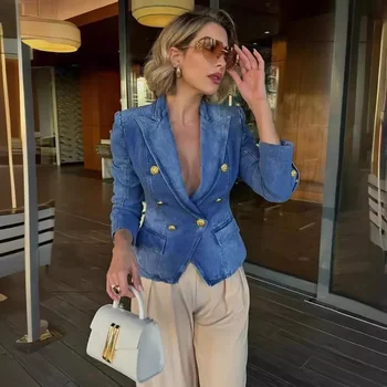 Herfst Winter Dameskleding Denim Jasje Pak Double Breasted Blazer Lange Mouw Mode Jassen