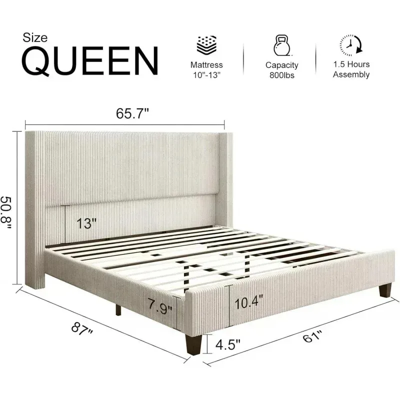 QAZ8-HOWE Rangka Tempat Tidur Platform Berlapis Ukuran Queen. Tempat Tidur Berlengan dengan Sandaran Kepala 50,8 inci. Kain Corduroy/Kaki Kayu Solid/Tidak Perlu Box Spring/N