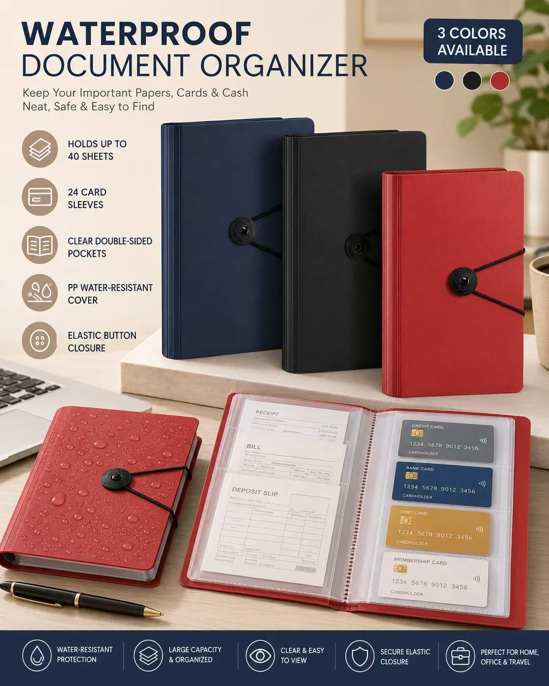 Savings Certificate Holder, Waterproof Check Receipt Binder, Bank Deposit Multi-Function Collection Folder