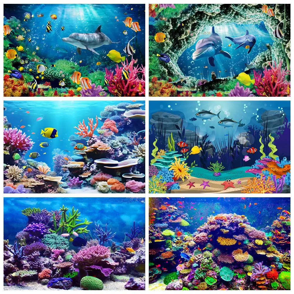 

Underwater World Backdrop Seabed Fish Coral Dolphin Aquarium Tank Decor Baby Kids Birthday Party Photography Background Banner