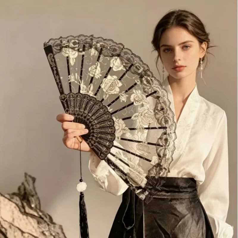 Black Lace Rose Embroidery Hand Fan W/ Tassel, Gothic Victorian Vintage Fan, Wedding Bridal Lolita Cosplay Photo Accessories view 3