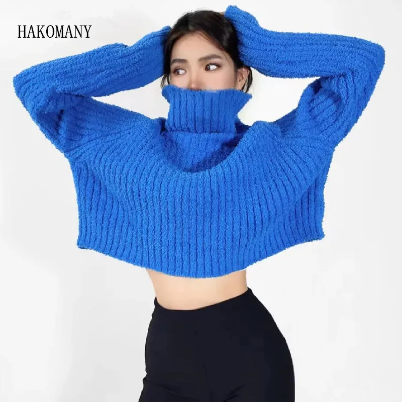 

2023 Autumn Women Full sleeve Loose Short Knitwear Jumper Stylish Plain Blue Knitting Striped Line Pullover Turtleneck Sweater