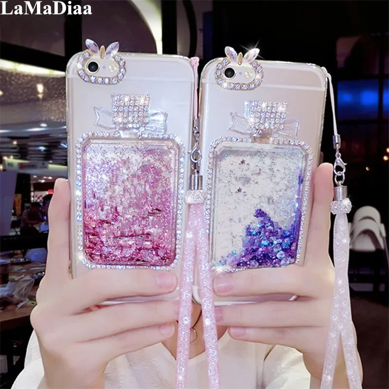 

For Samsung Galaxy S23 Ultra S10 S20 S21 FE S22 Ultra Plus Fashion Bling Liquid Quicksand Perfume Bottles Case