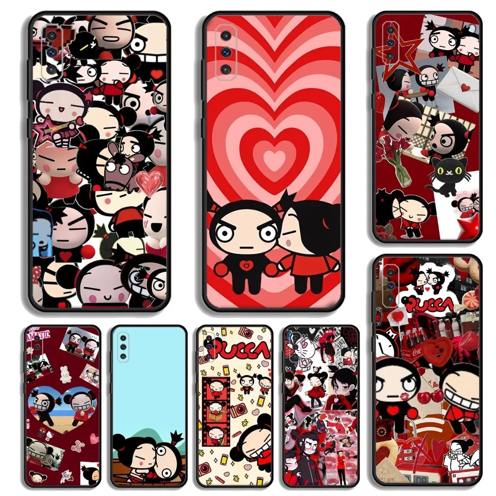 Cartoon Pucca Garu süße Handyhülle für Samsung S23,23,22,30,21,10,9,Note20 Ultra,Lite,Ultra,5G,Plus,FE,Schwarz Soft Case