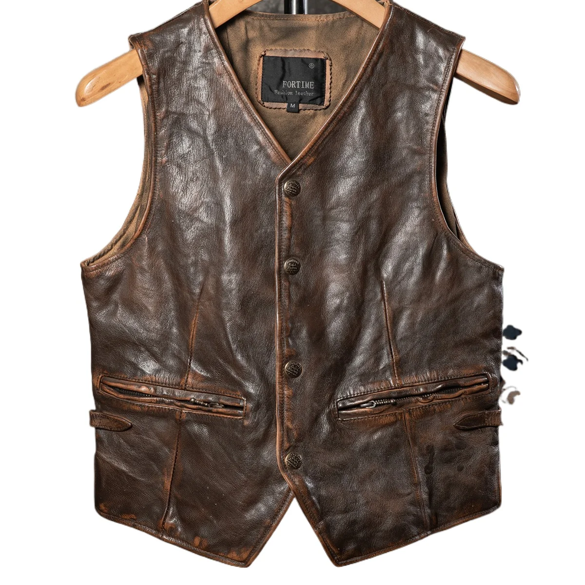Men's Genuine Sheepskin Leather Vest Brown Heavy Distressed Vintage Button Front Waistcoat With Zip Pockets Pub Style Retro Coat