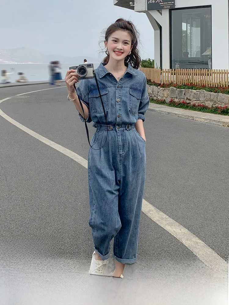 

Джинсовый комбинезон с высокой талией для женщин, летний, тонкий, новый, стройнящий, в корейском стиле, с длинными брюками и кроссовками