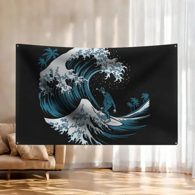 Flag Tapestry Great Wave Japan Surfer Wall Decor Decorative Ocean Art Nautical Room Hanging Poster With 4 Rings